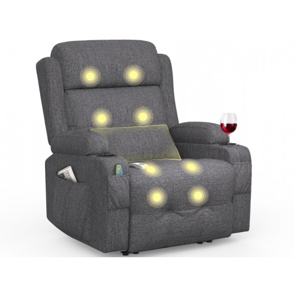 BareTay Recliner Armchair Electric Recliner Chair with Massage & Heat, Extended Footrest,Reclining Chair Lounge Sofa with Extra Pillow, Type C+USB Dual Drink Holders, 4 Side Pockets Padded Recliners